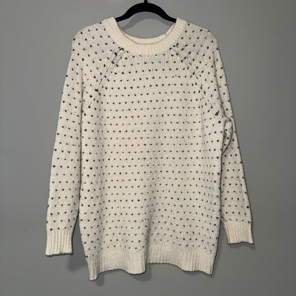 Aerie Womens Medium Cream Black Polka Dot Chunky Knit Crew Neck Raglan Sweater